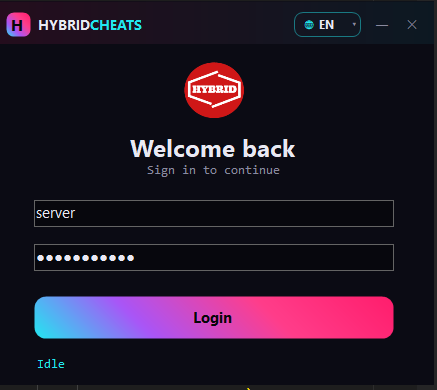 HybridCheats 登录界面，包含用户名、密码与状态提示行
