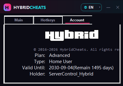 HybridCheats 账户标签，显示套餐、类型、到期日与剩余天数、持有人