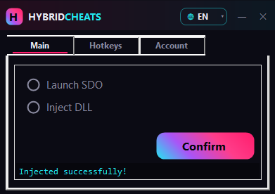HybridCheats 主页标签：启动 SDO、注入 DLL、Confirm —— 显示注入成功