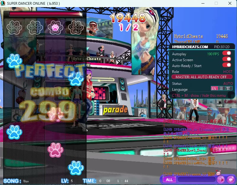 超级舞者 CIBMALL 客户端游戏中画面：判定为 PERFECT、连击持续攀升，HybridCheats 浮层显示自动弹歌、保持活动与自动准备／自动开始